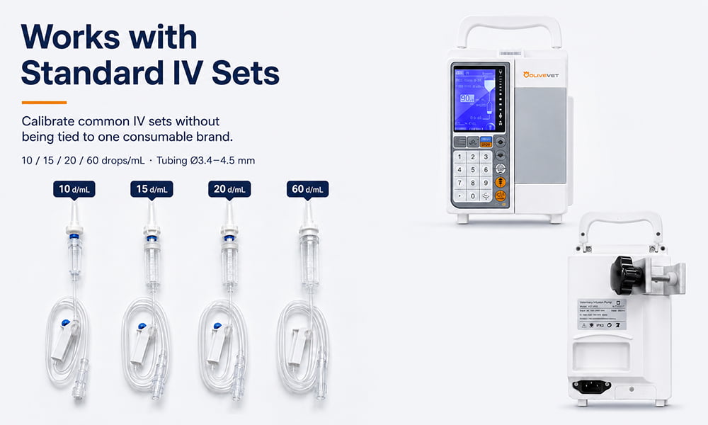 Veterinary infusion pump compatible with standard IV sets