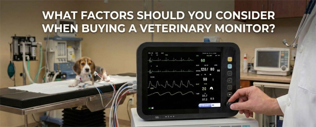 Veterinary monitor buying guide graphic showing equipment and dog in clinic