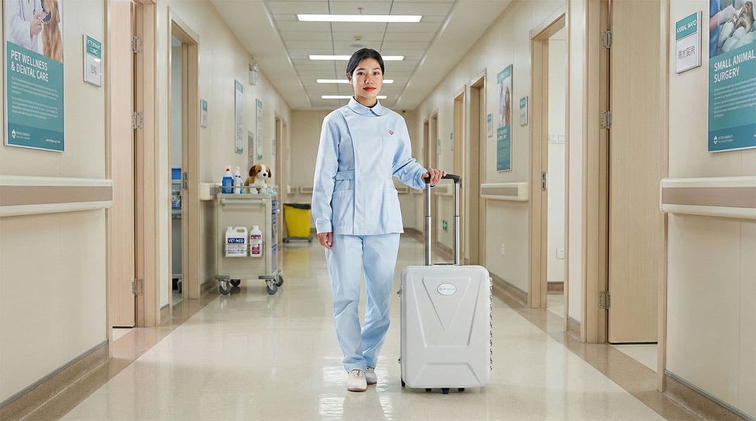 compact veterinary dental cart rolling into exam room