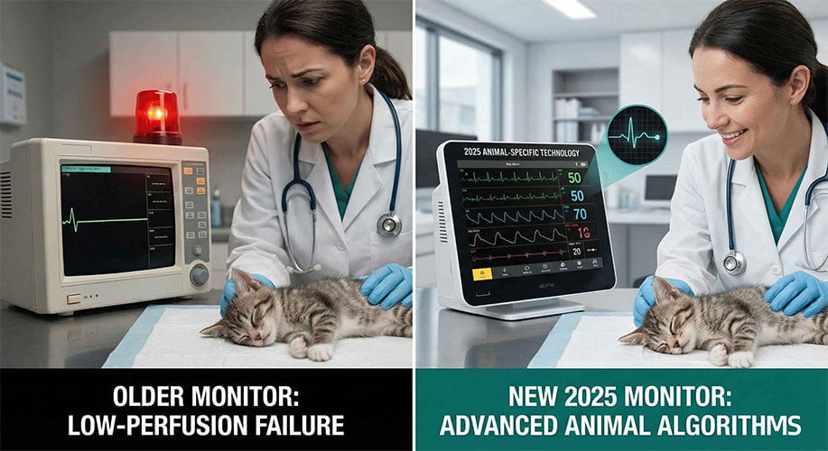Vet monitor showing low perfusion signal