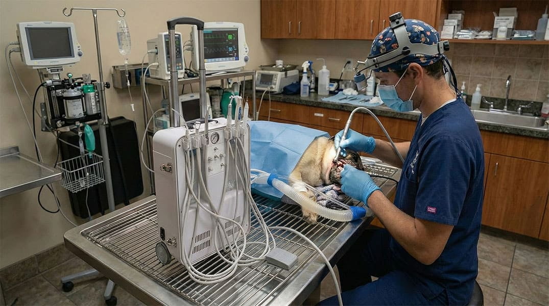 mobile veterinary dental cart in a small clinic exam room