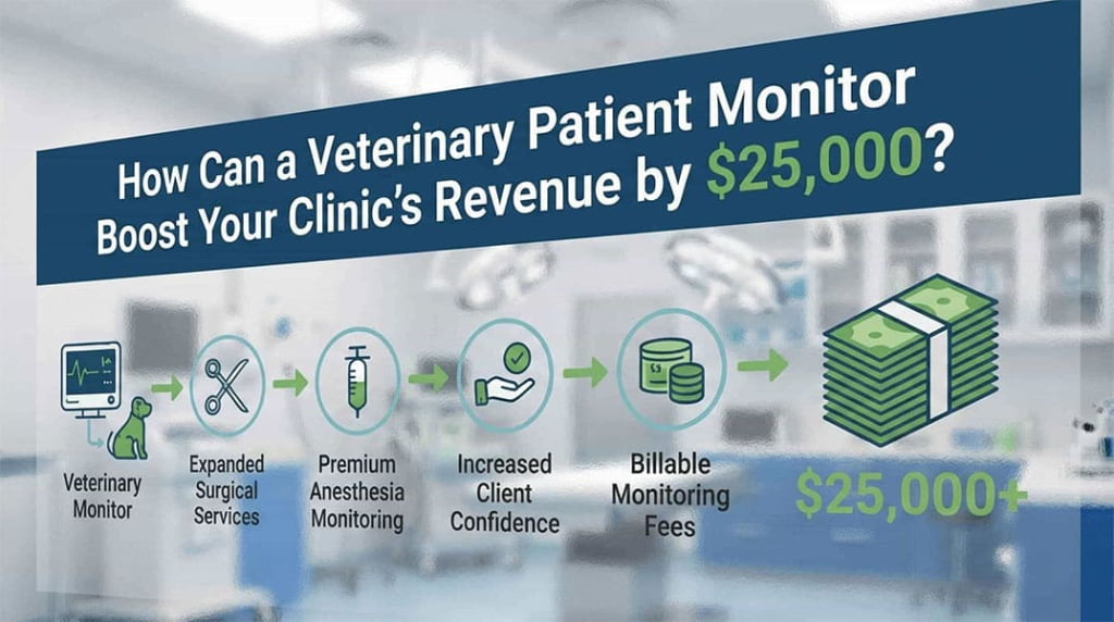 Infographic showing how veterinary monitors boost clinic revenue by $25,000 through premium services