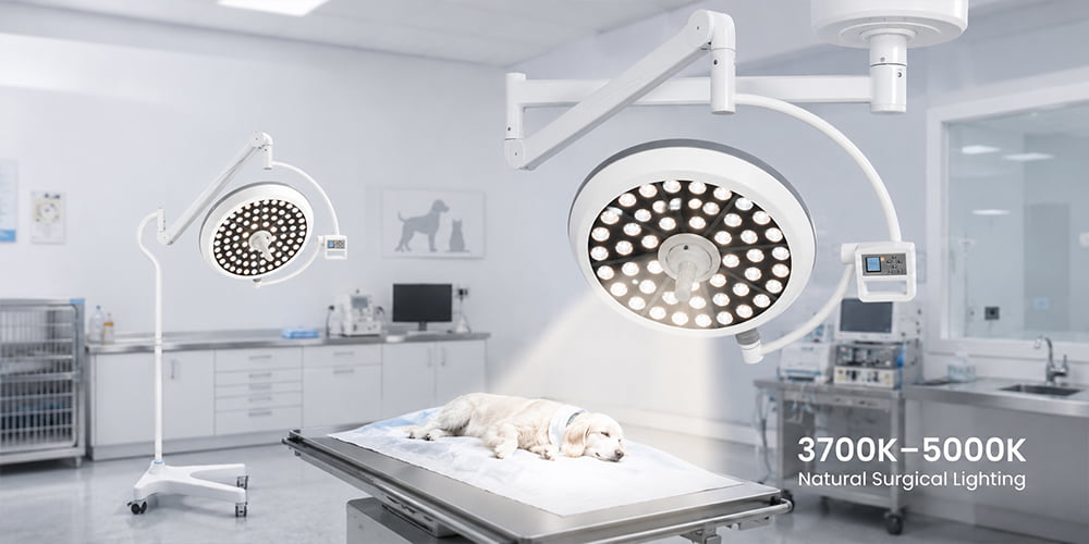 Veterinary surgery light with adjustable brightness and color temperature