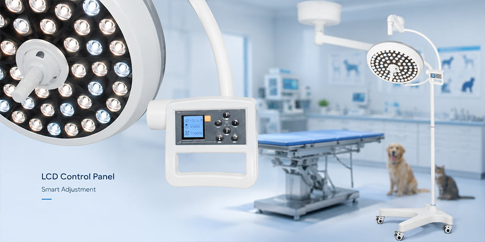 LED veterinary operating lamp focused on surgical table