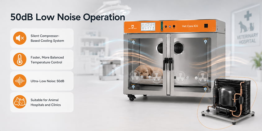 Low noise veterinary ICU incubator with 50dB operation