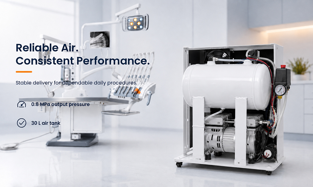 Veterinary dental station with oil-free air compressor